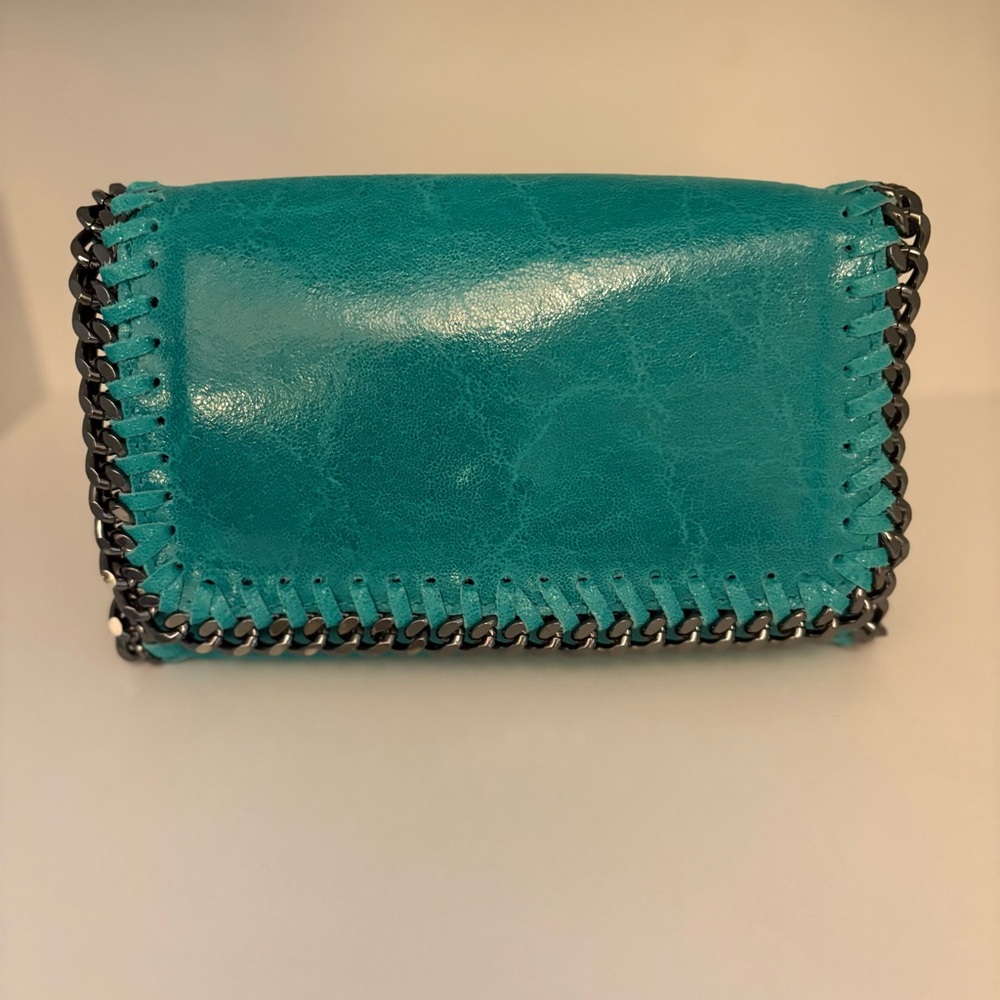 German Fuentes Turquoise Leather Wristlet Clutch with Chain Trim